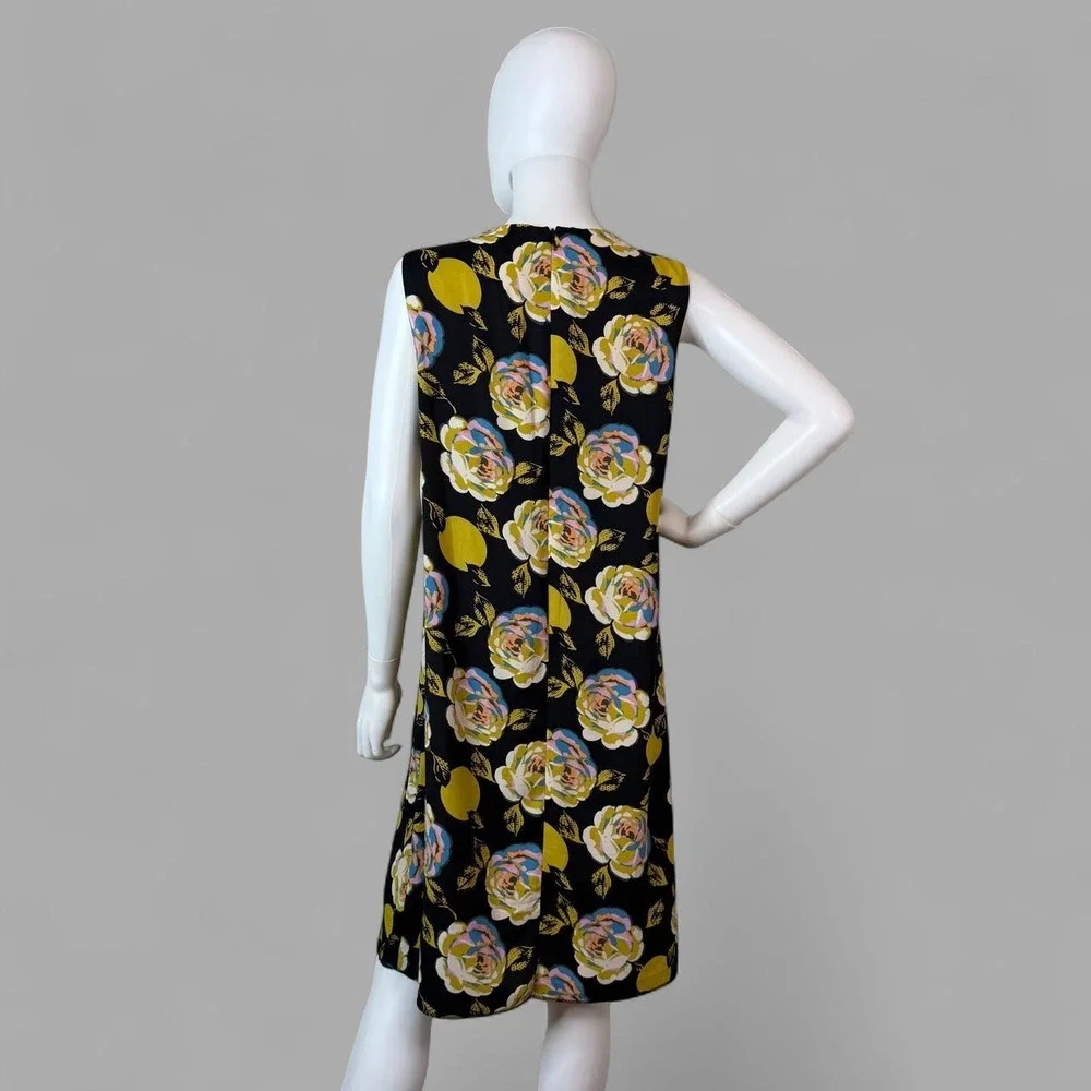 Nine West Womens Floral Citrus Print Sleeveless Shift Dress Black Yellow